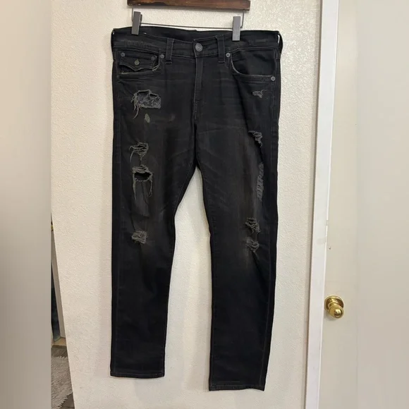 True Religion Geno Relaxed Slim Black Distressed Moto Jean Y2K Grunge Streetwear - Picture 2 of 13